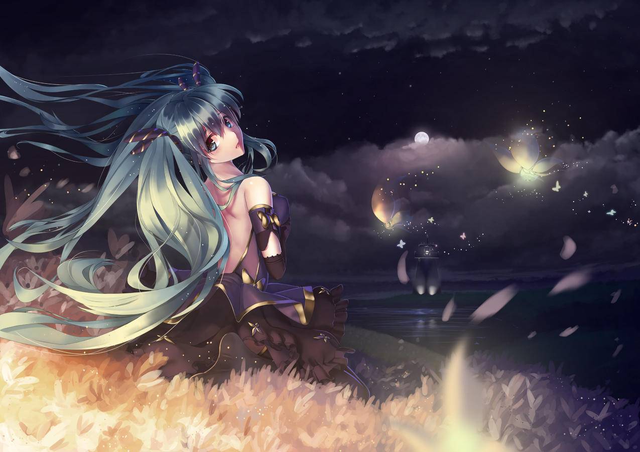 天空云彩 女孩 月亮星星 夜晚 初音未来 4K动漫高清壁纸