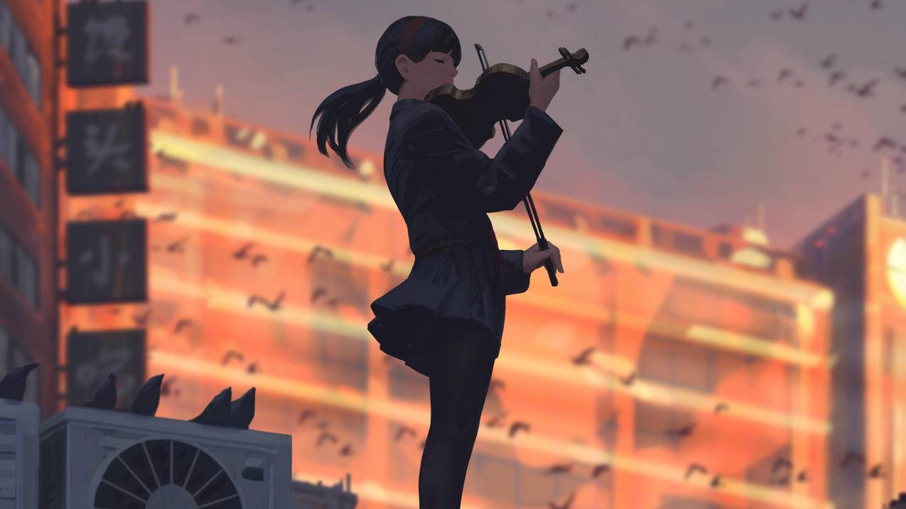 女学生 马尾 闭眼 站立 黑色校服服装 连裤袜 音乐小提琴 4K高清动漫壁纸