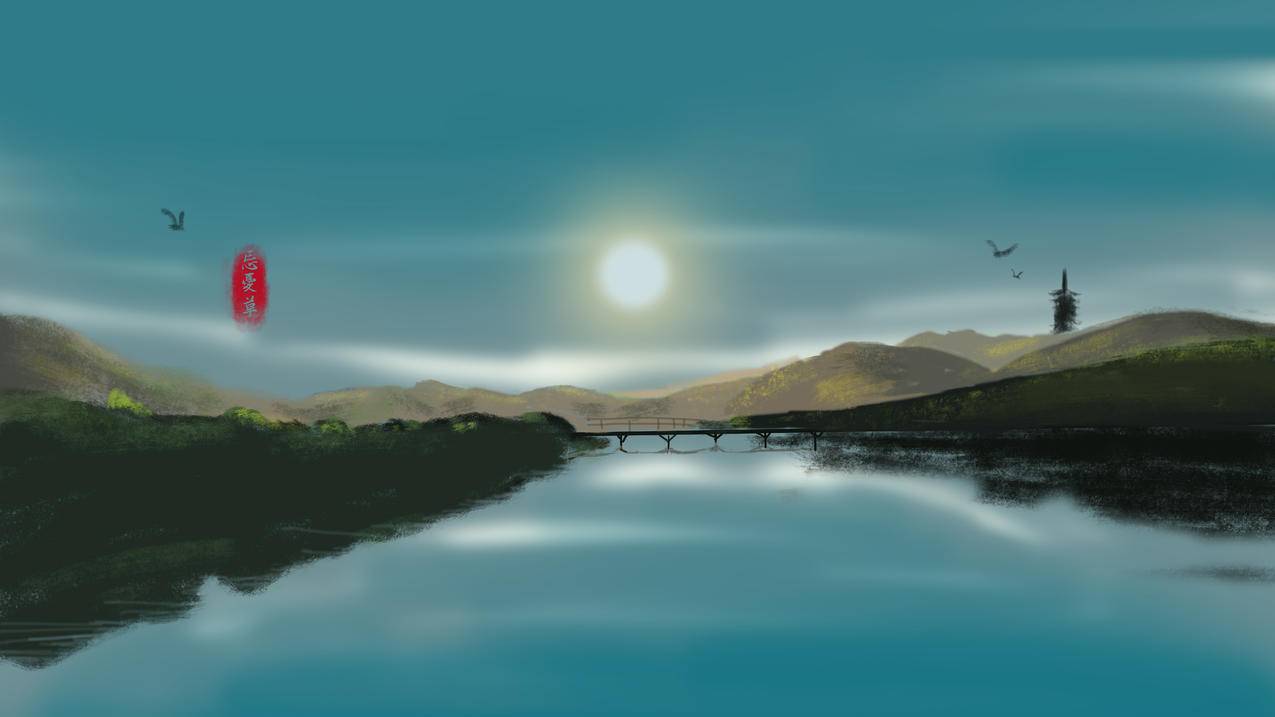 山水画 河流 小桥 唯美意境朦胧 风景 8K高清壁纸 8000x4500