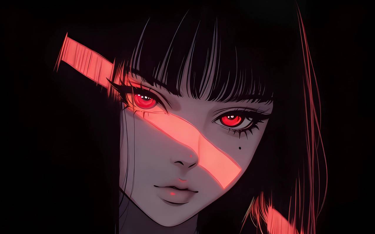 红色眼睛动漫女孩 红色光影 暗黑色背景 4K电脑壁纸3840x2400