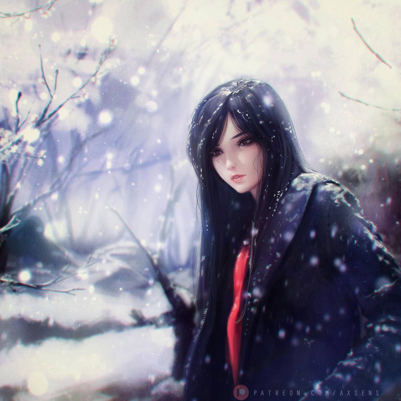 降雪 长发女孩 唯美 4K动漫壁纸