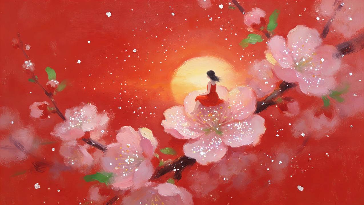 少女坐在梅花上看日出 绘画 唯美风景 4K壁纸
