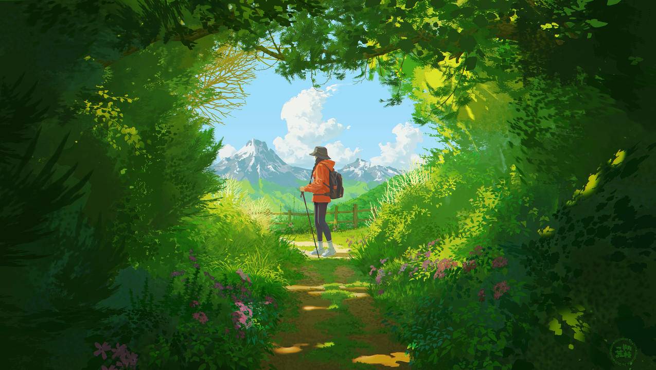 女性 户外 插图绘画 风景 阳光 云朵 山脉 绿色树叶植物 小径 4K高清壁纸