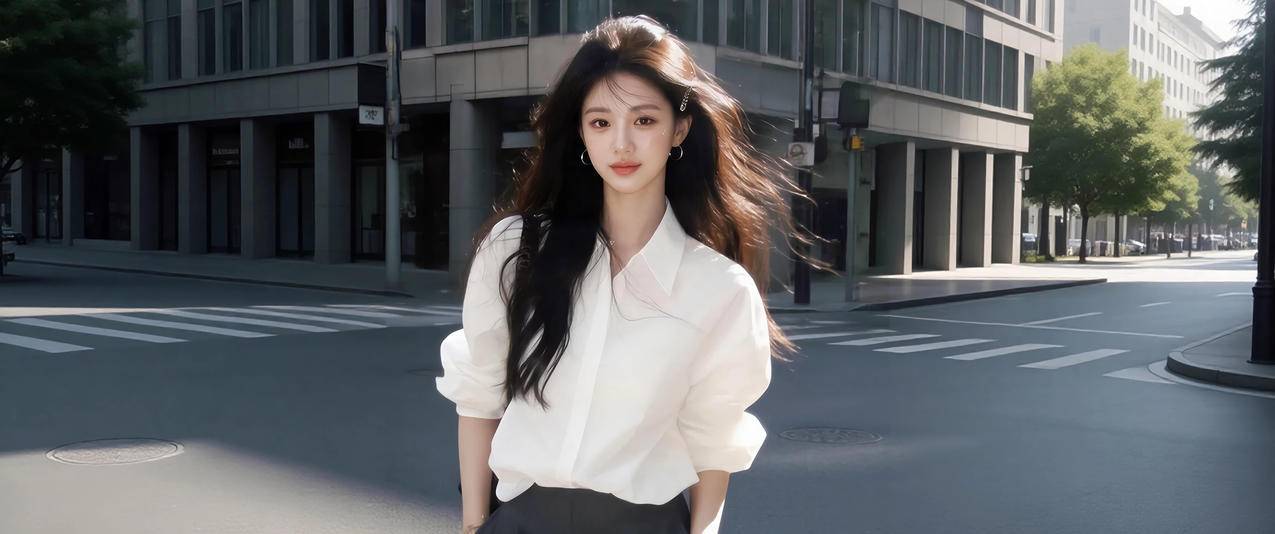 城市 街道 长发白色衬衫美女3440x1440带鱼屏壁纸