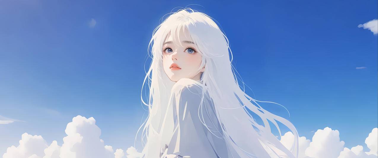 白发女孩 晴空 3440x1440带鱼屏动漫壁纸