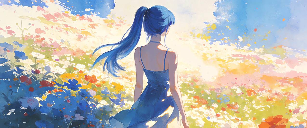 唯美少女背影 蓝色马尾辫 蓝色裙子 花海 3440x1440带鱼屏壁纸免费