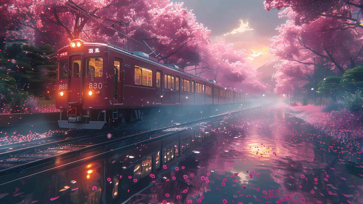 樱花列车风景4K壁纸3840x2160
