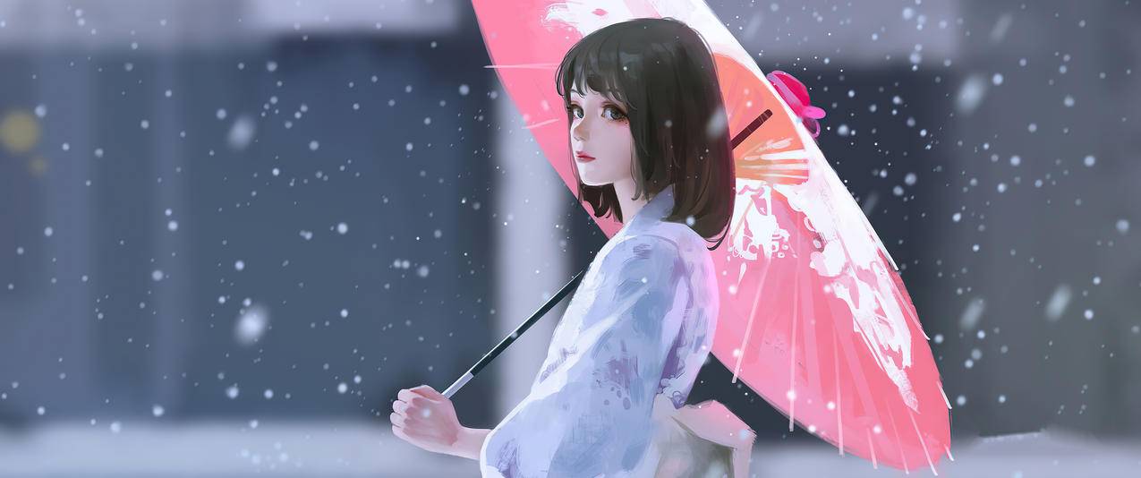 雨伞 雪 女孩 白色连衣裙 和服 3440x1440带鱼屏壁纸