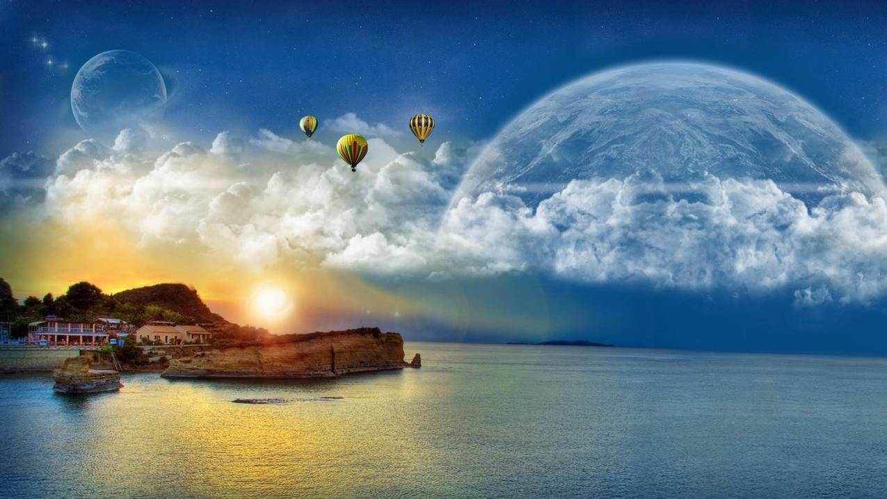 大海星空梦幻热气球5k壁纸
