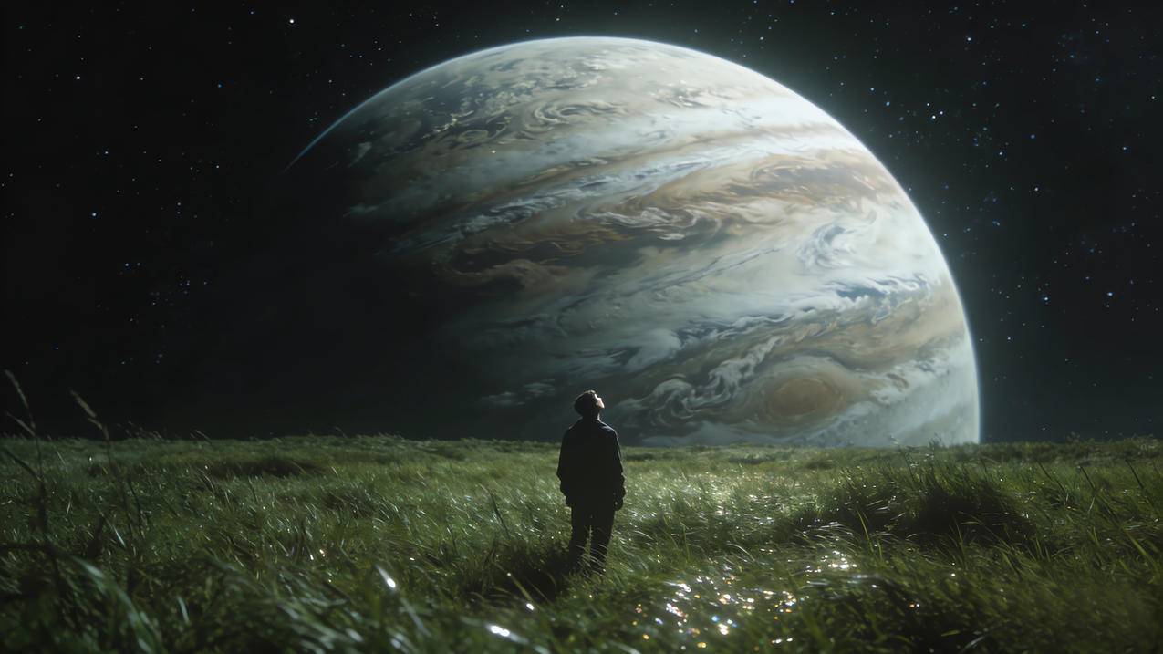 一个人 绿草地 星空 星球 梦想家 4K风景壁纸