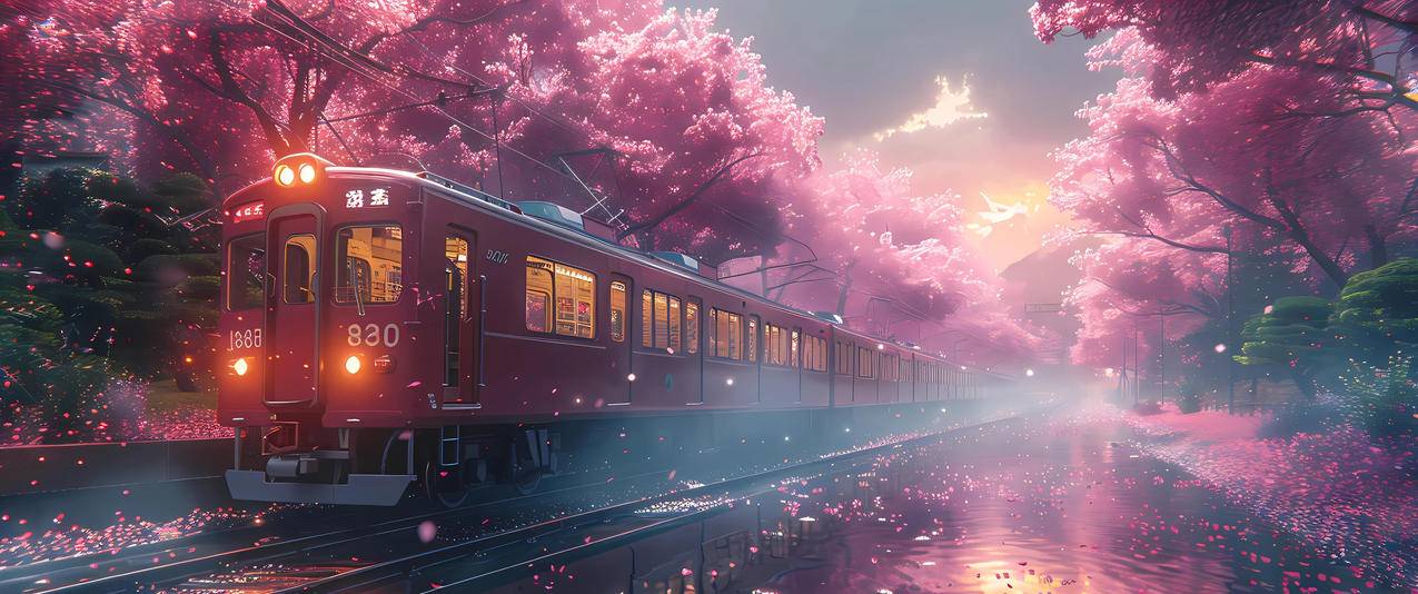 樱花列车风景3440x1440带鱼屏壁纸