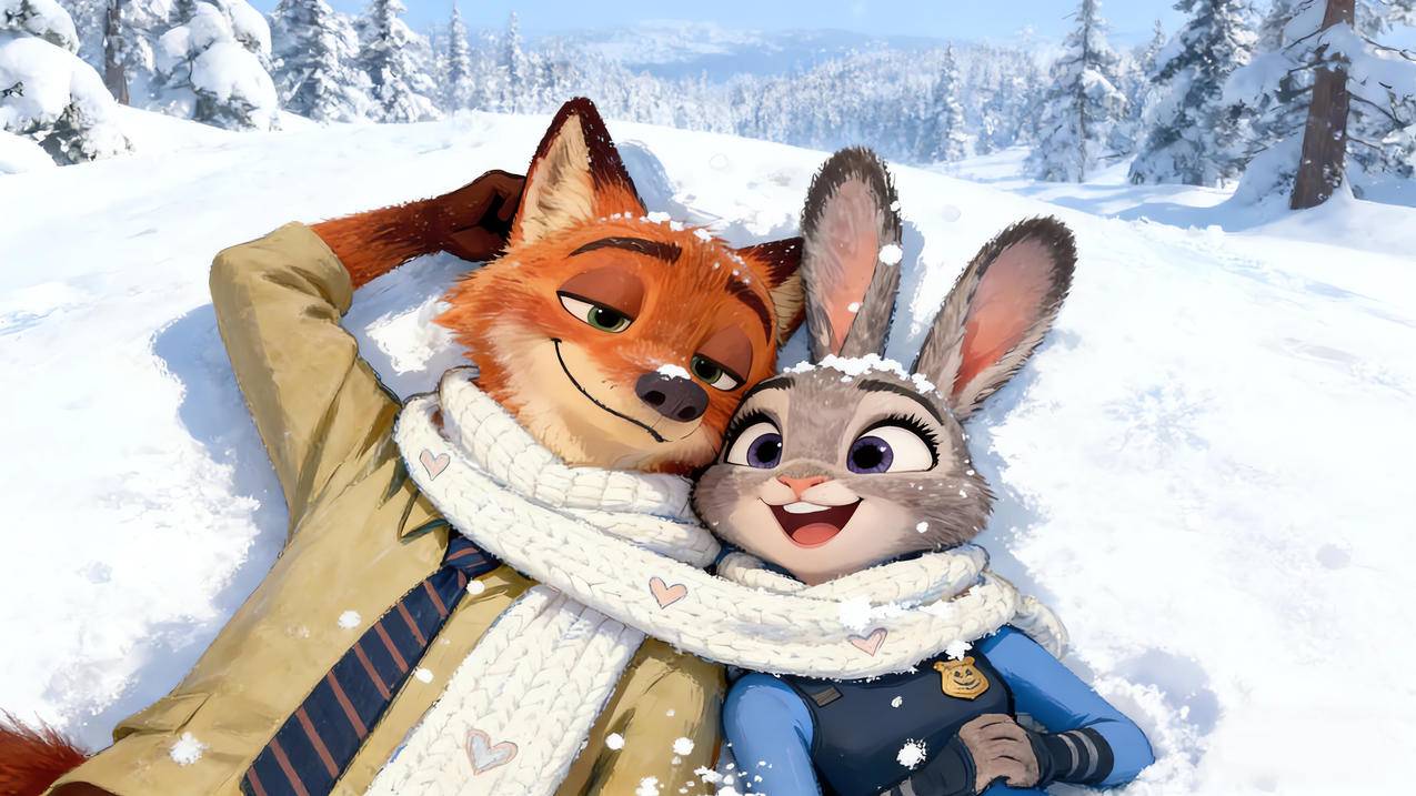 疯狂动物城2朱迪狐尼克雪地 围巾雪景 浪漫 4K壁纸