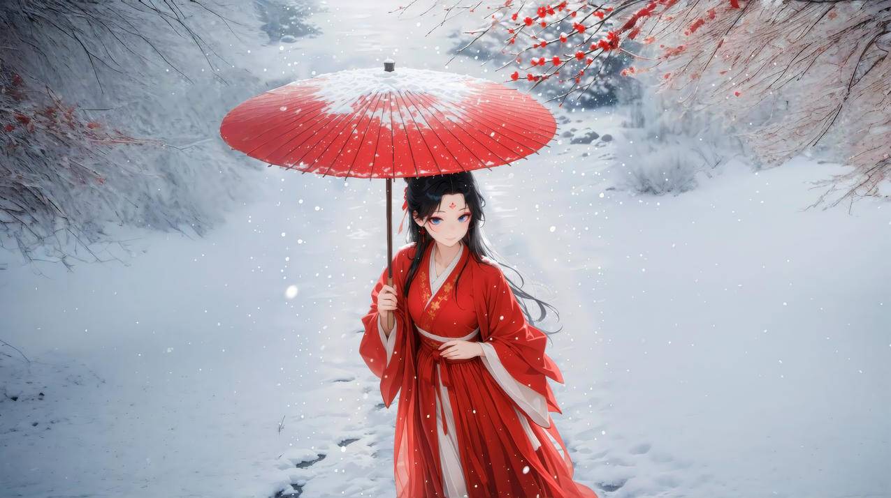 日照千层雪 红伞 古风美女 4K壁纸