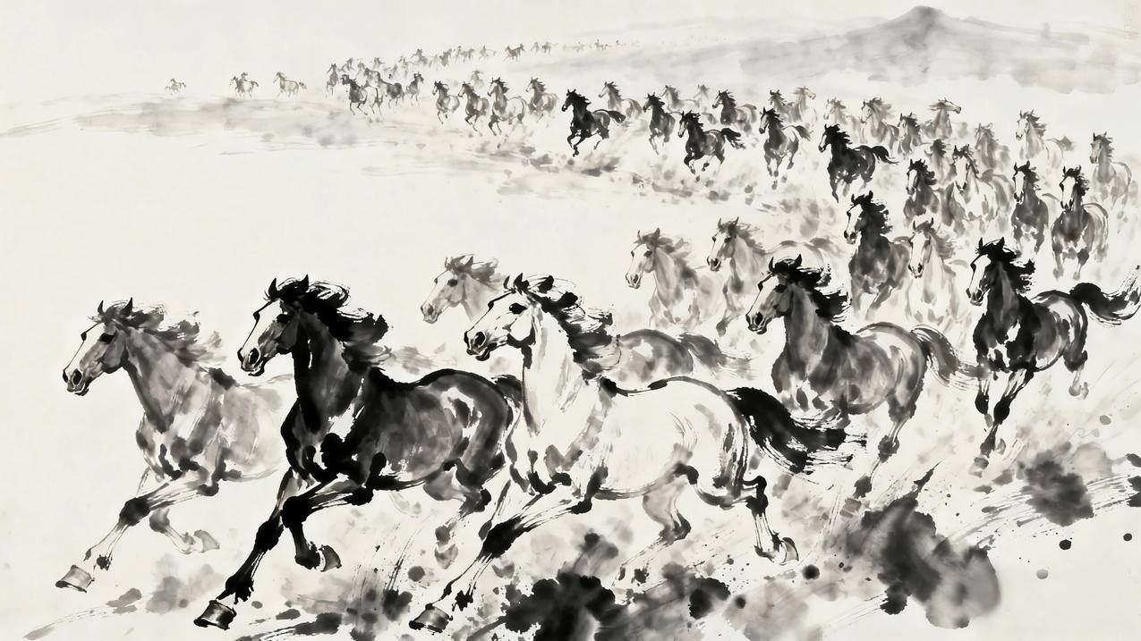 万马奔腾 水墨画 4k壁纸图片