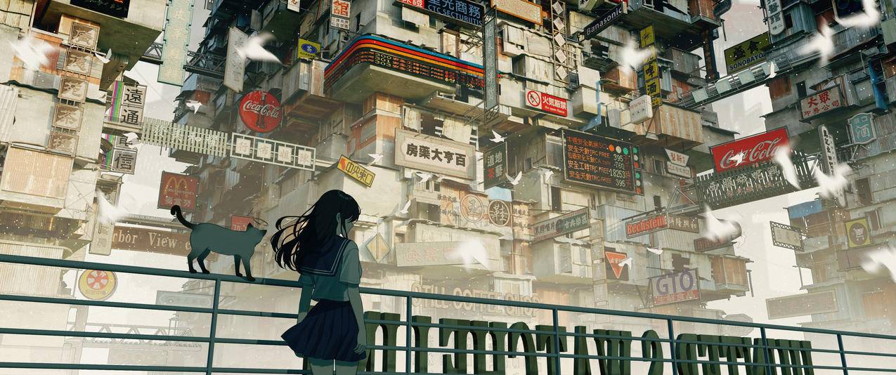长发的女学生站立 栏杆 猫 旧城市建筑 3440x1440带鱼屏动漫壁纸免费