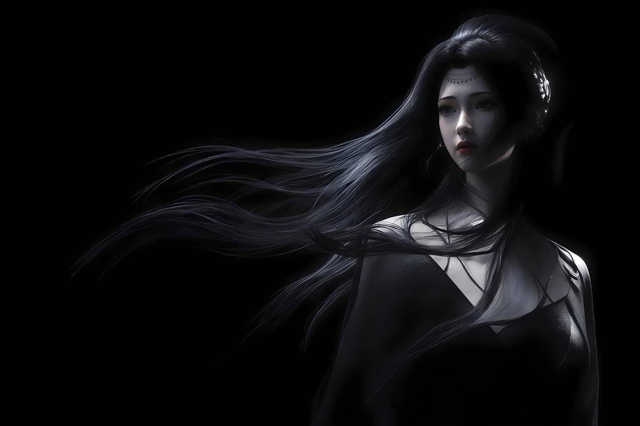 暗黑女神 长发 黑色背景 4K壁纸 3840x2560