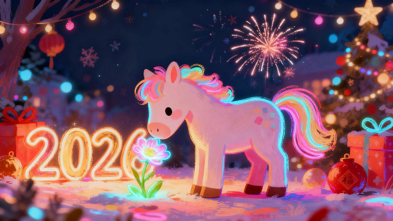2026年新年 夜晚 烟花 小马 花儿 4k壁纸