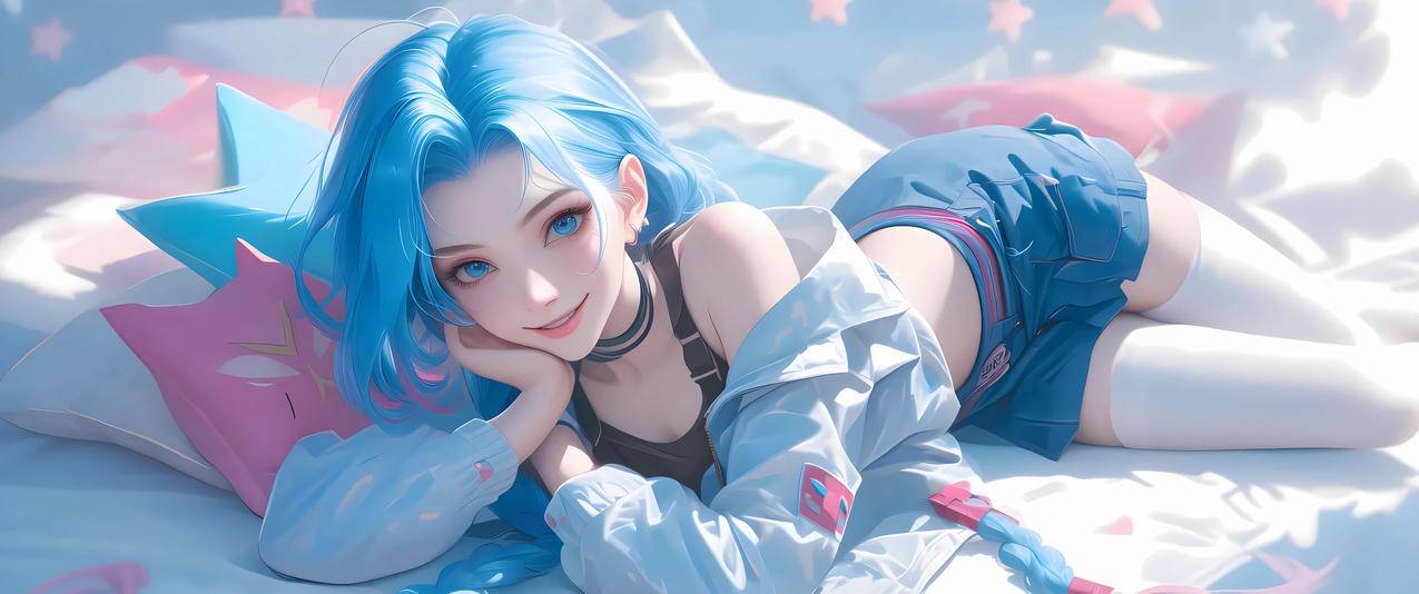 金克丝 长辫子 卧室 枕头 星星3440x1440超高清带鱼屏壁纸