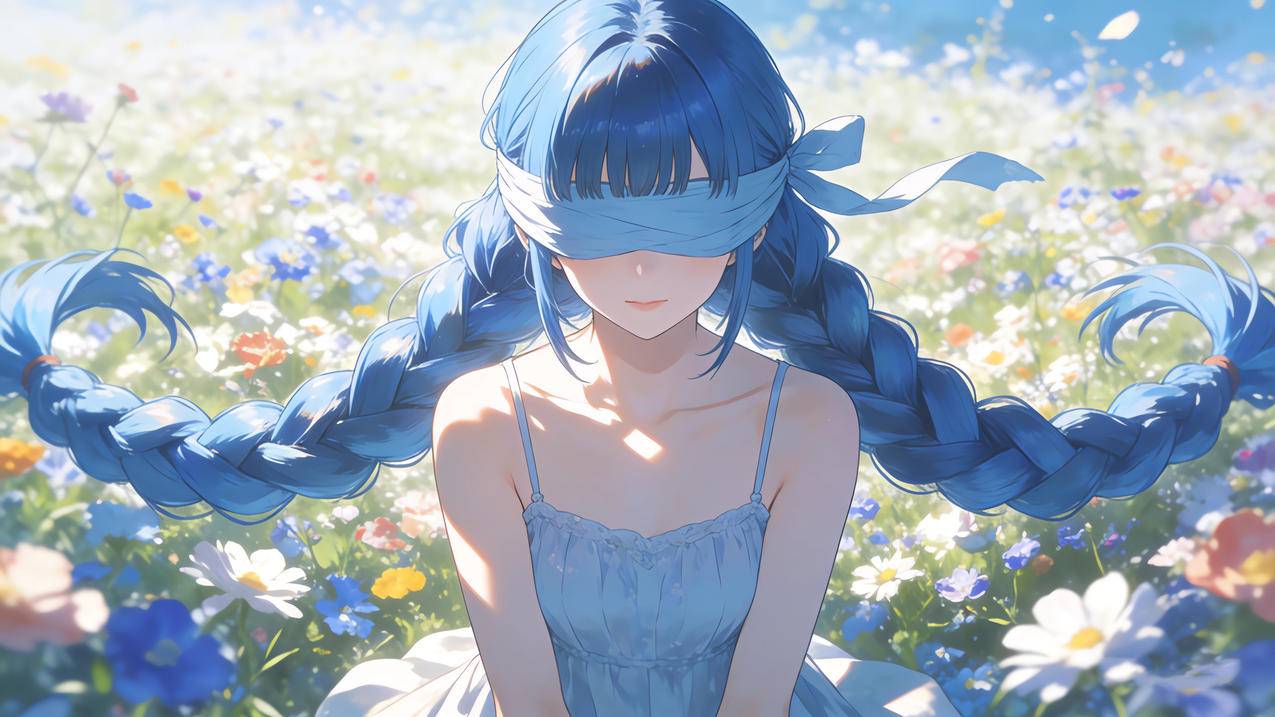 花海 蒙眼少女 大麻花辫 4K动漫壁纸