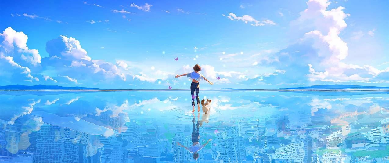 女孩和小狗 天空海水倒影风景 3440x1440带鱼屏壁纸