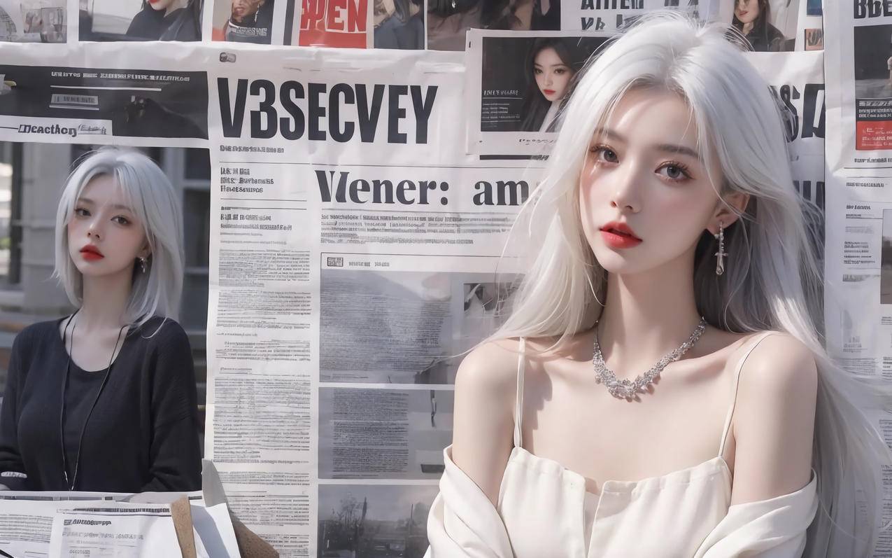 报纸墙白发美女2560x1600高清壁纸
