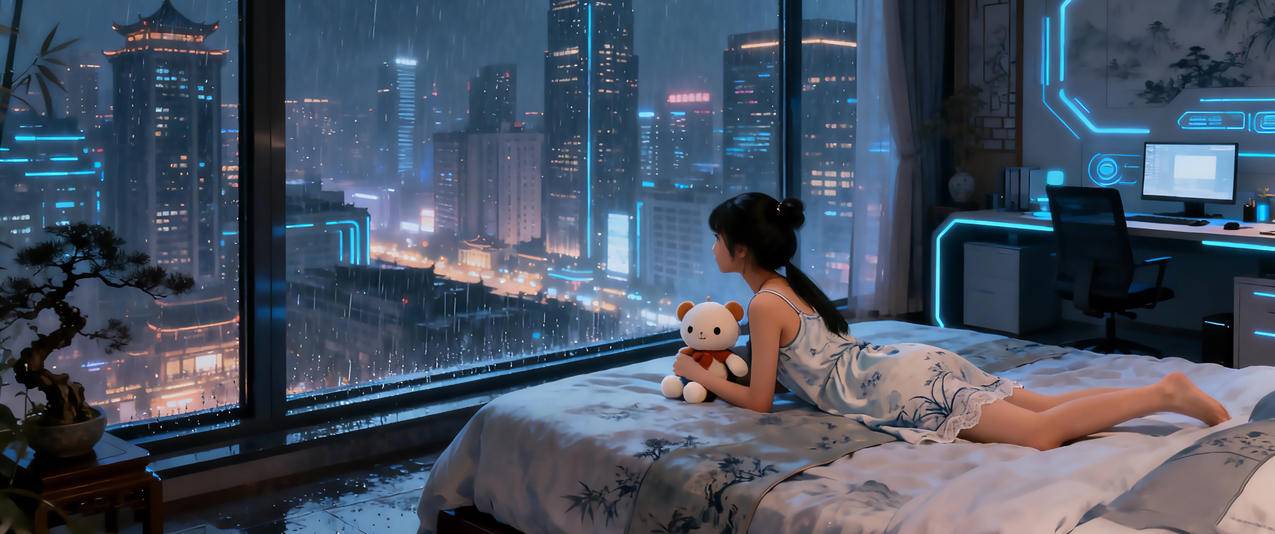 赛博朋克 房间 小女孩 落地玻璃窗3440x1440带鱼屏壁纸