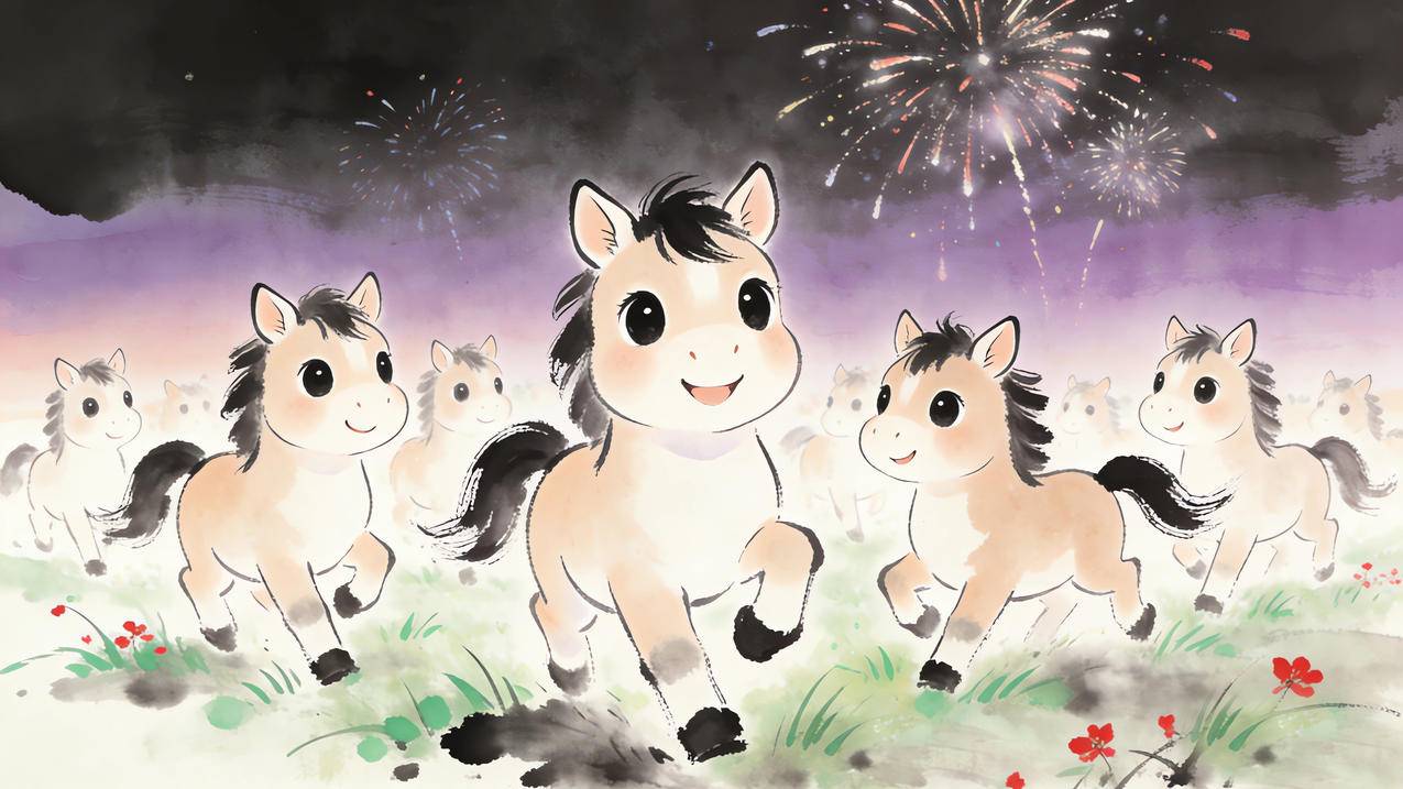 2026年马年水墨风 一群可爱小马 烟花 庆祝新年 4K壁纸