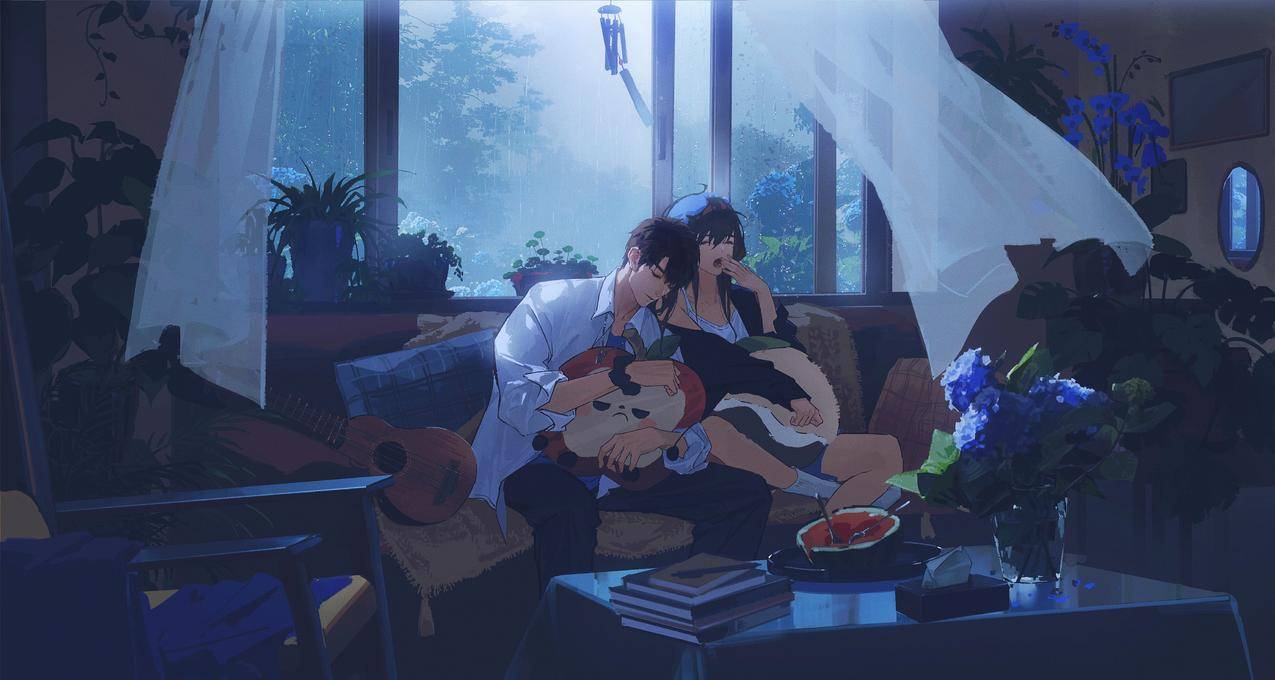 动漫男孩 女孩 打哈欠 4k壁纸