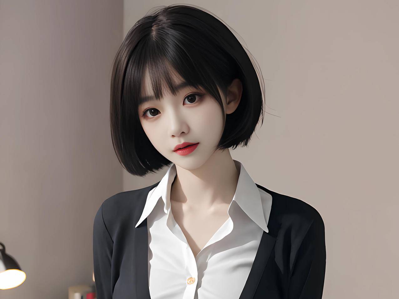 漂亮短发美女 ai绘画 黑色衣服 白色衬衫 平板电脑壁纸
