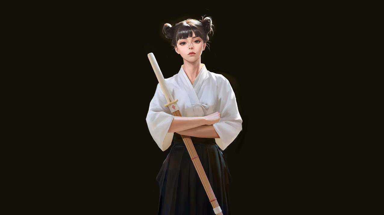 黑发女孩 宝剑 简单黑色背景 4K动漫壁纸