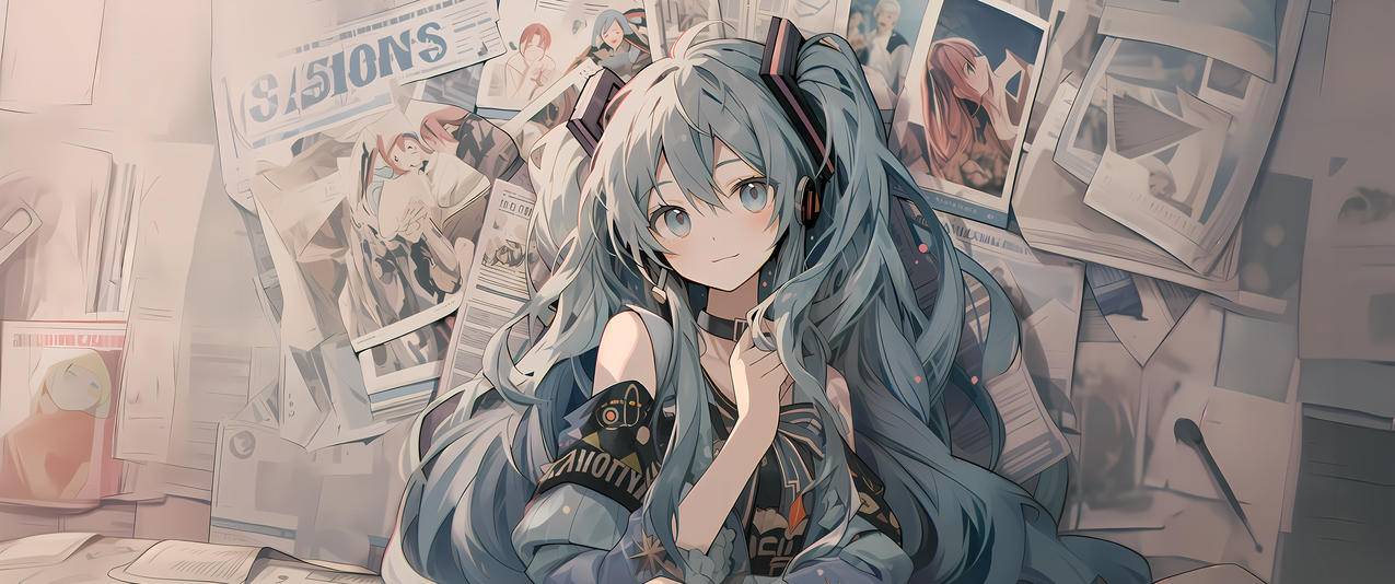 miku 初音未来海报 报纸墙 3440x1440带鱼屏动漫高清壁纸