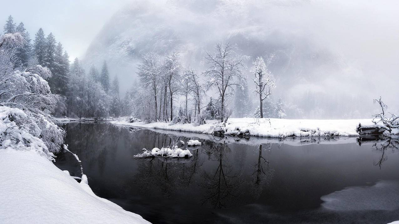 风景冰天雪地雪景溪流高清壁纸