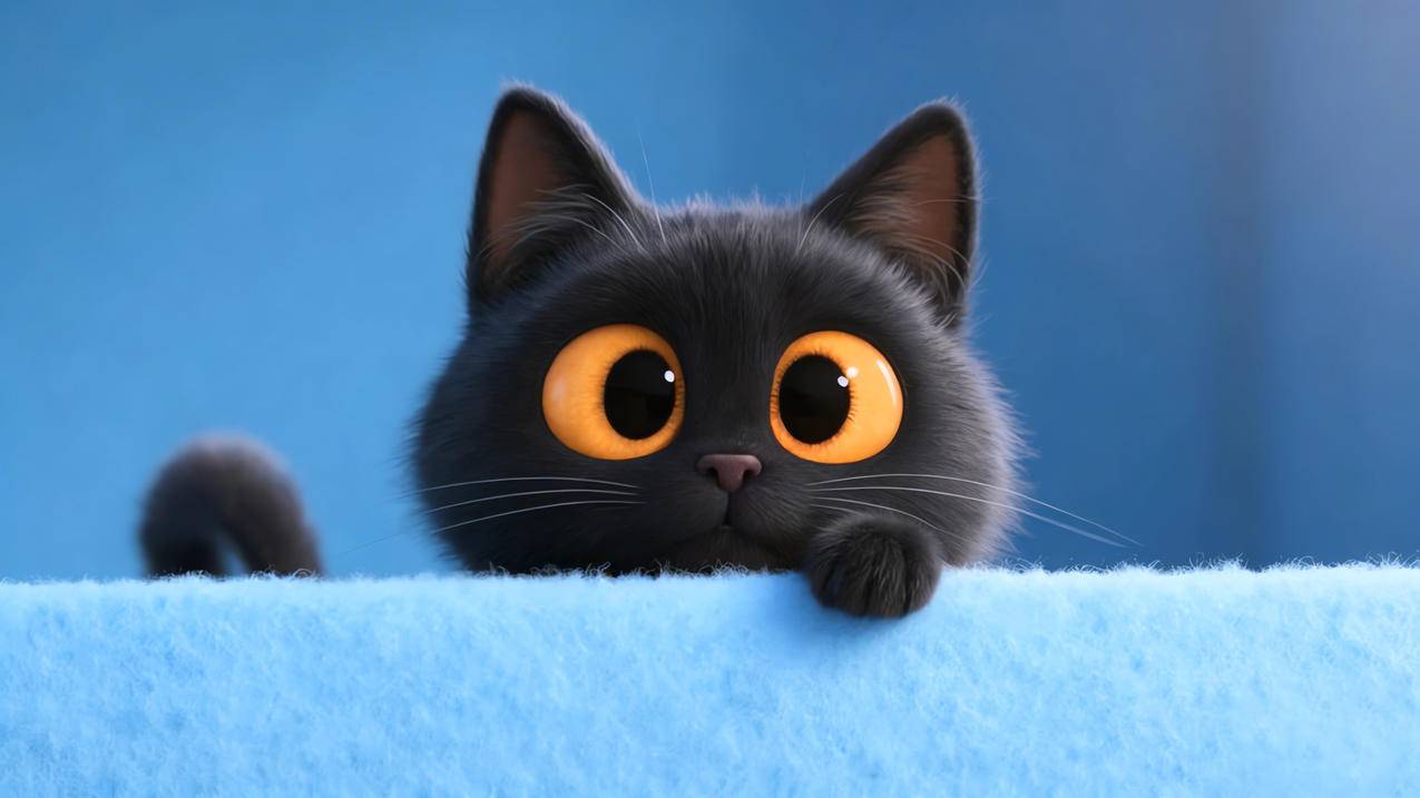 治愈系小黑猫蓝色背景4K电脑壁纸3840x2160