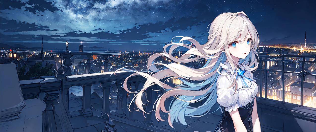 长发动漫女孩 裙子 城市夜晚 3440x1440带鱼屏壁纸