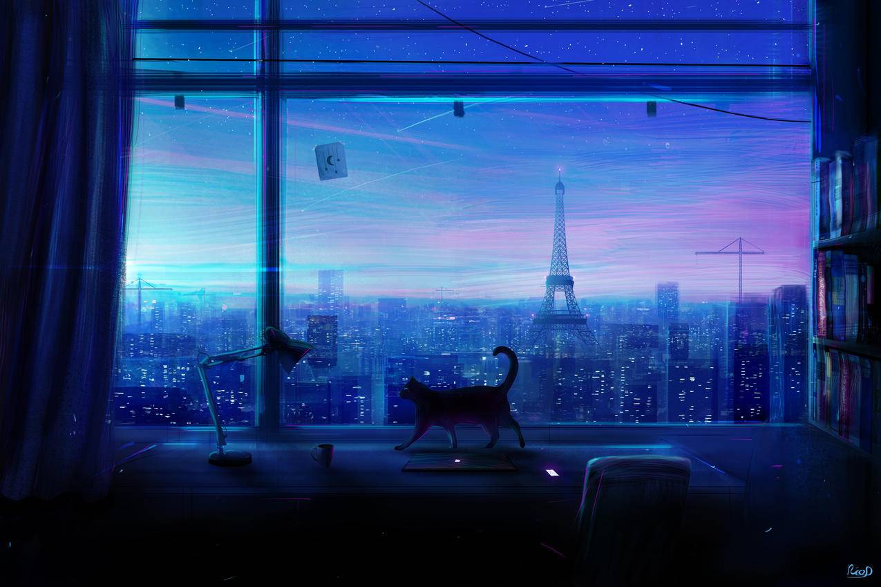 寂寞夜 猫 窗台 城市夜晚 4k动漫风景壁纸