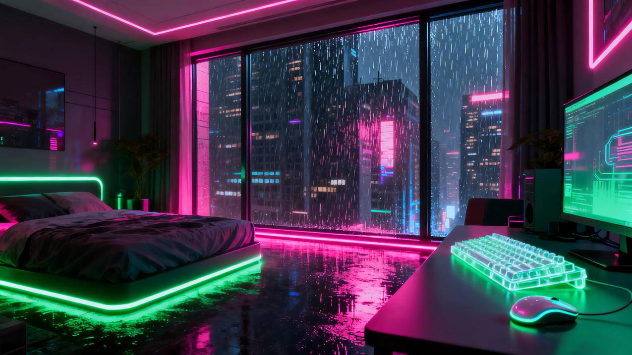 赛博朋克 房间 电脑桌 电脑 机械键盘4k壁纸