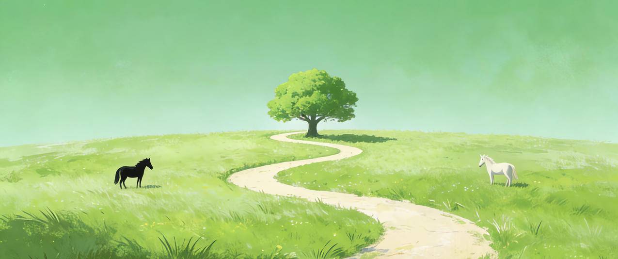 绿色清新风景 草地 一棵树 马儿 3440x1440带鱼屏壁纸