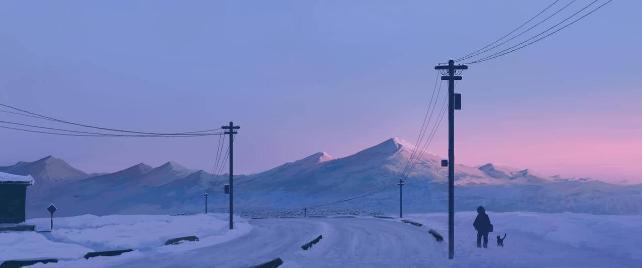 绘画风景 冬季 山脉 道路 一个人 小猫 电线杆 3440x1440带鱼屏壁纸