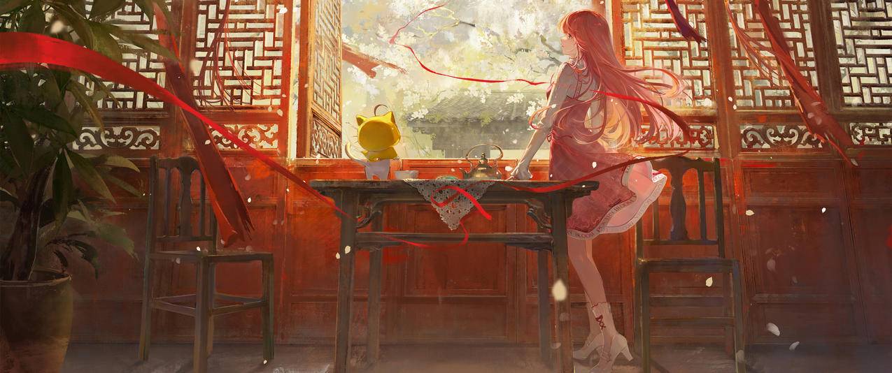 国风 女孩 红色裙子 房间 桌子 窗 3440x1440带鱼屏壁纸
