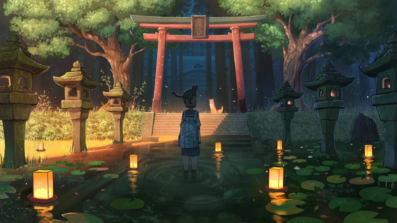 女孩 荷叶 庙门 池塘 许愿灯 夕阳 树林 4K高清动漫手机电脑壁纸