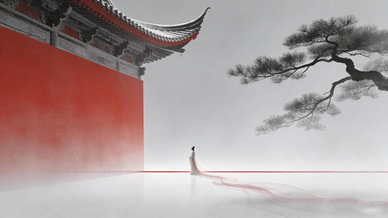 古风 女子 长裙 高墙 树 唯美简约 4K壁纸