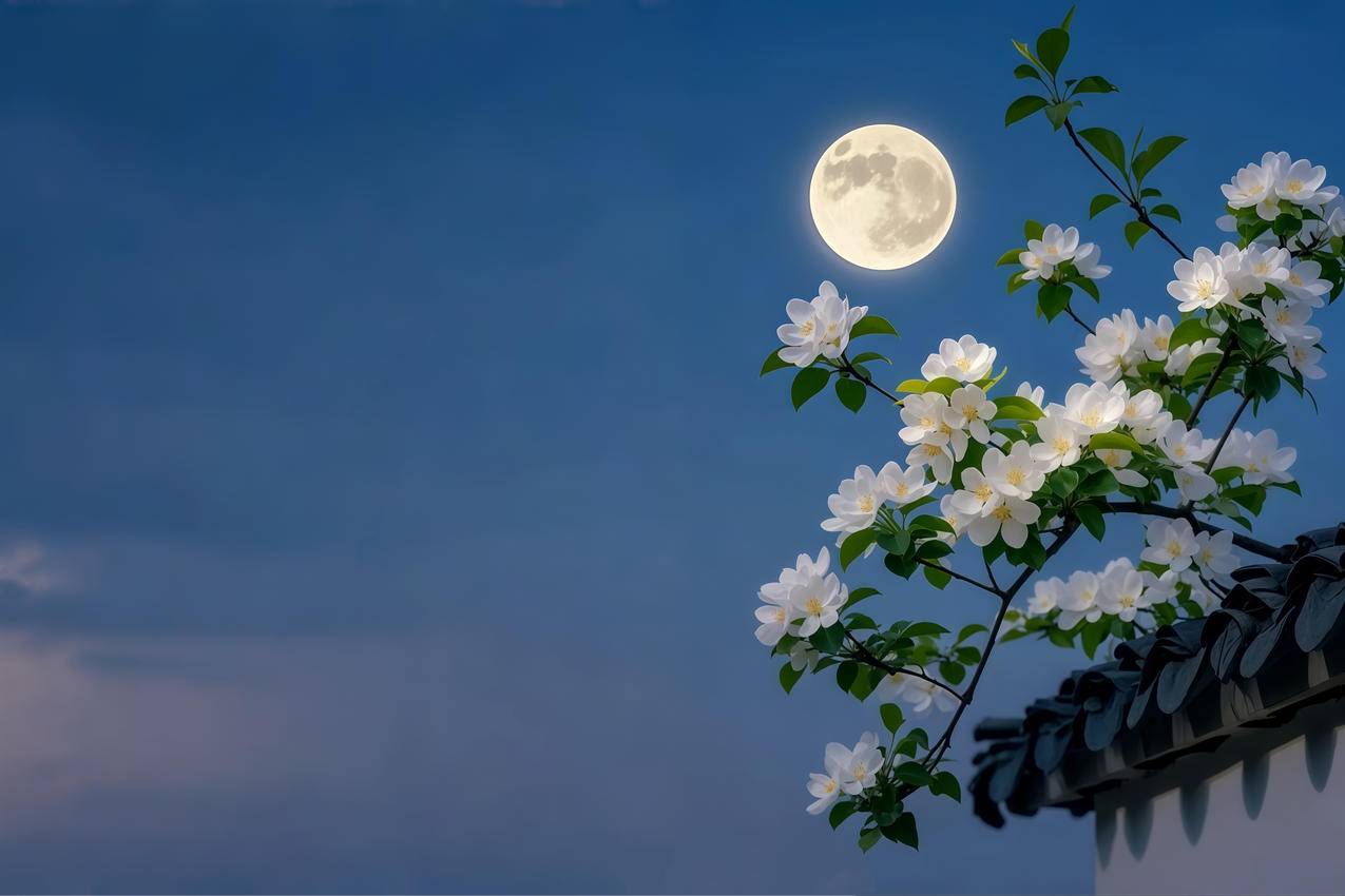 围墙 夜空 月亮 白色海棠花 4K风景壁纸 3840x2560