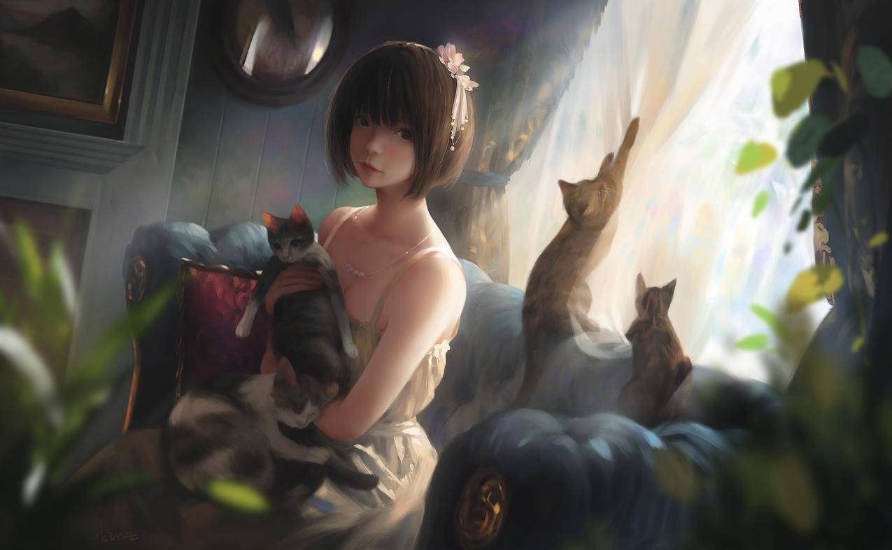 短发女孩 猫 房间 吊带长裙 沙发 窗帘 唯美 4K高清动漫壁纸