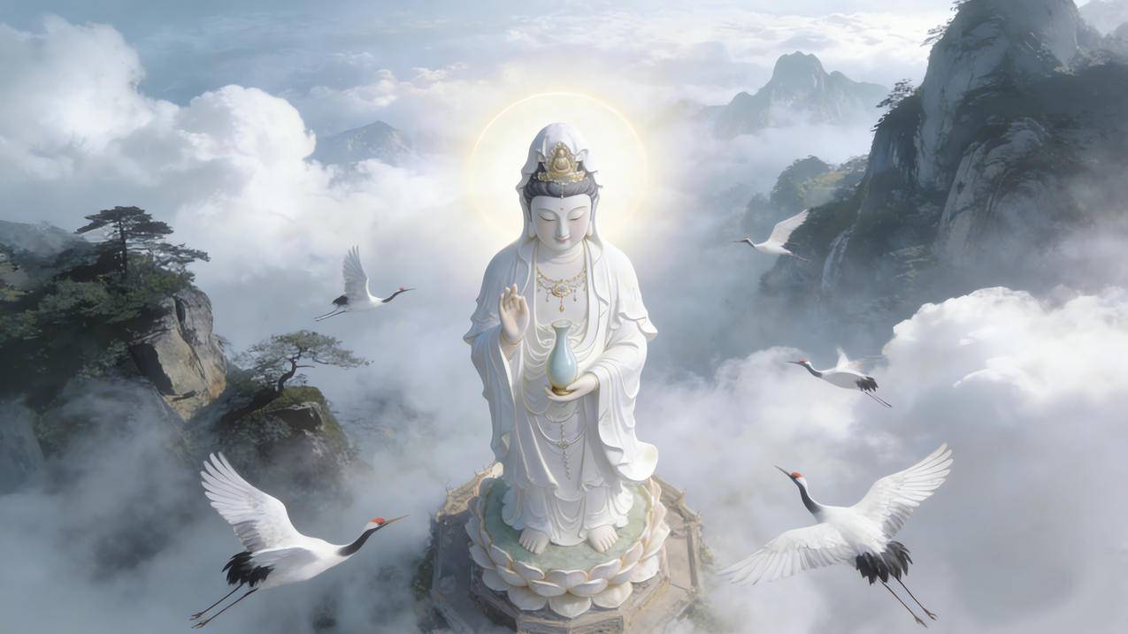 观音菩萨神像 玉净瓶 高山 云雾缭绕 仙鹤 4K壁纸