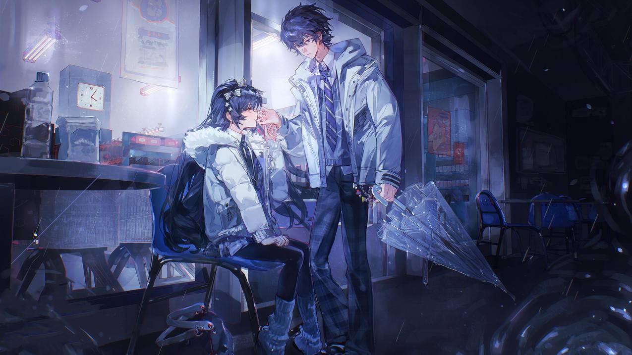 雨夜 情侣 便利店 4K高清动漫壁纸