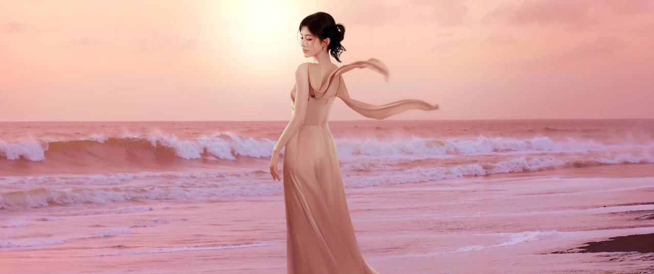 鞠婧祎 海边 海滩 优雅美女3440x1440带鱼屏超清壁纸