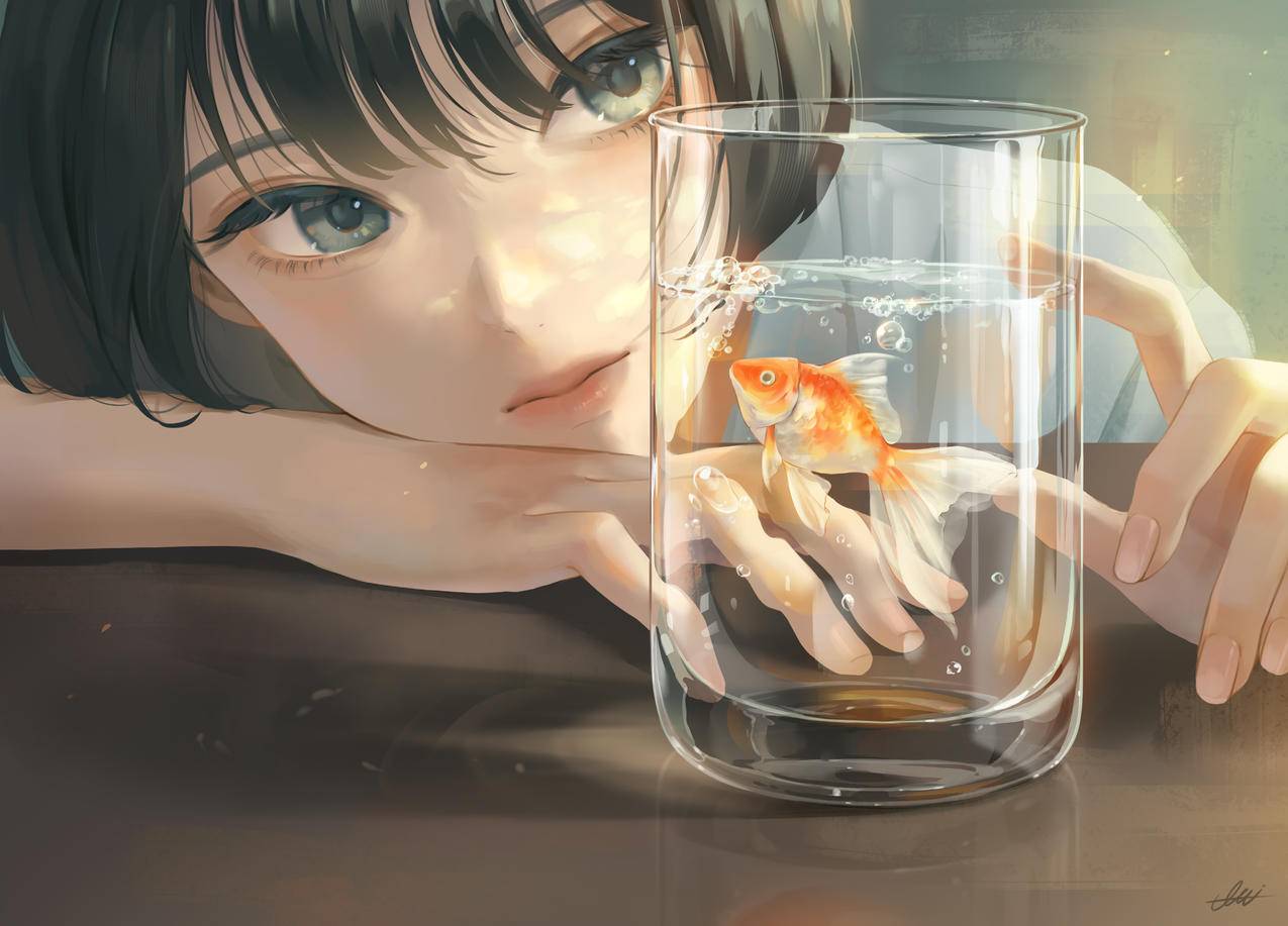 动漫女孩 桌子 金鱼 水杯子 玻璃杯 5K壁纸