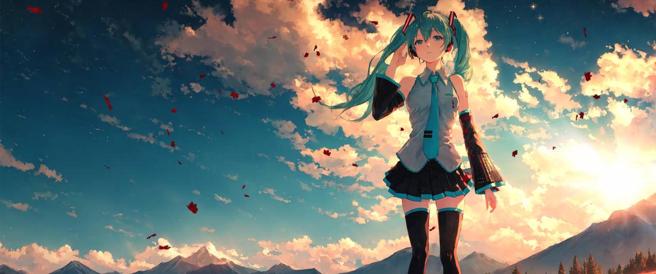 初音未来 黄昏的天空 3440x1440带鱼屏动漫壁纸