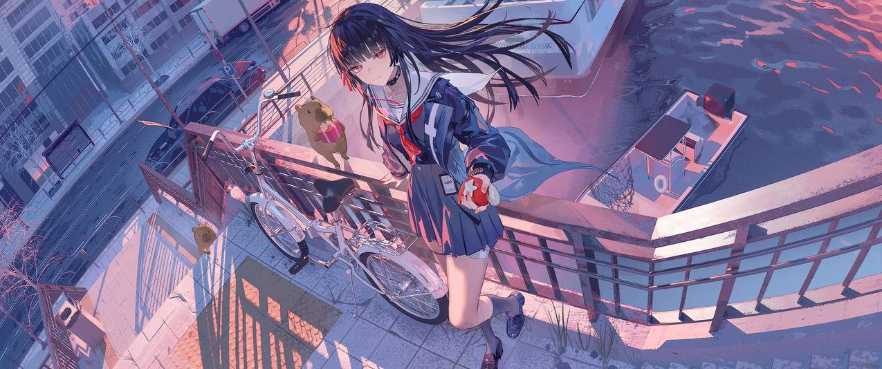 长发女孩 齐刘海 站立 围栏 单车 3440x1440动漫带鱼屏壁纸