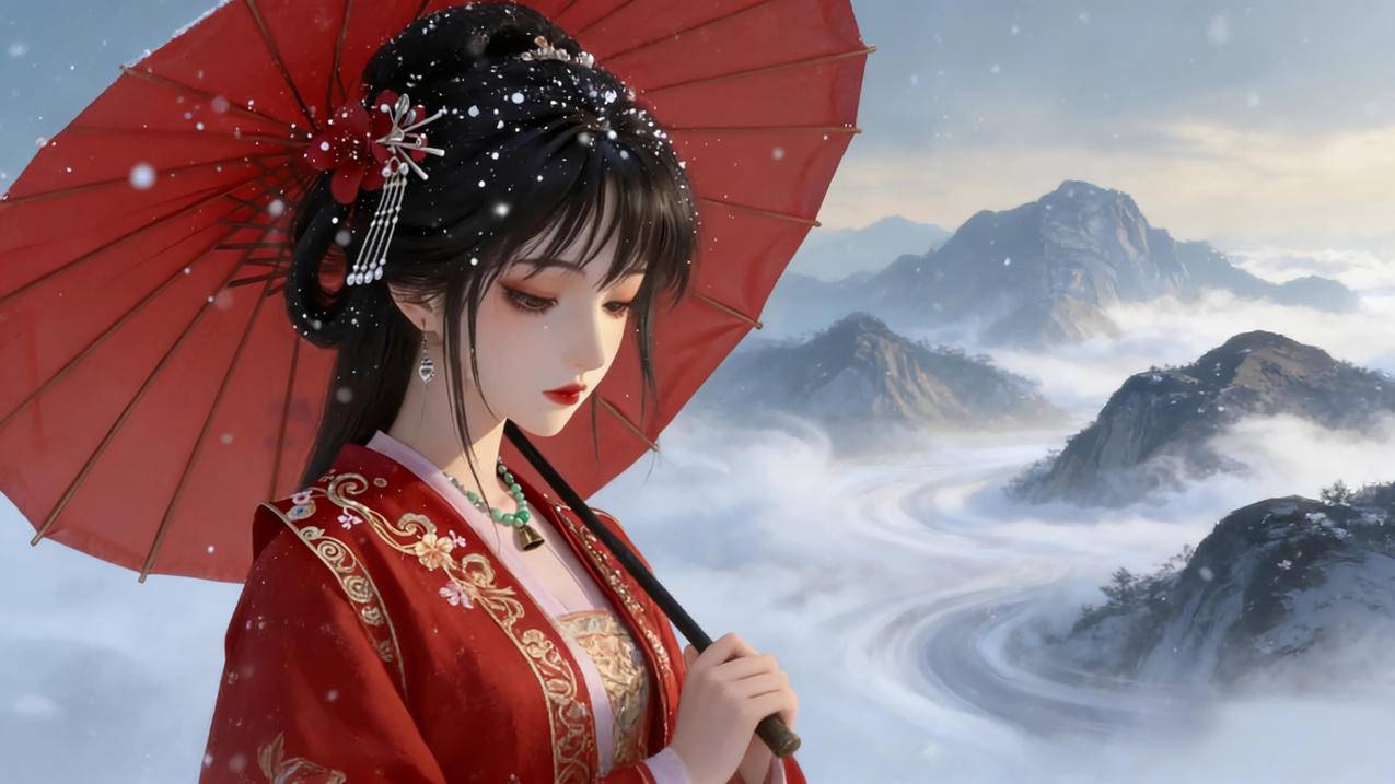 红色伞 古风美女 山 雾 4K电脑壁纸
